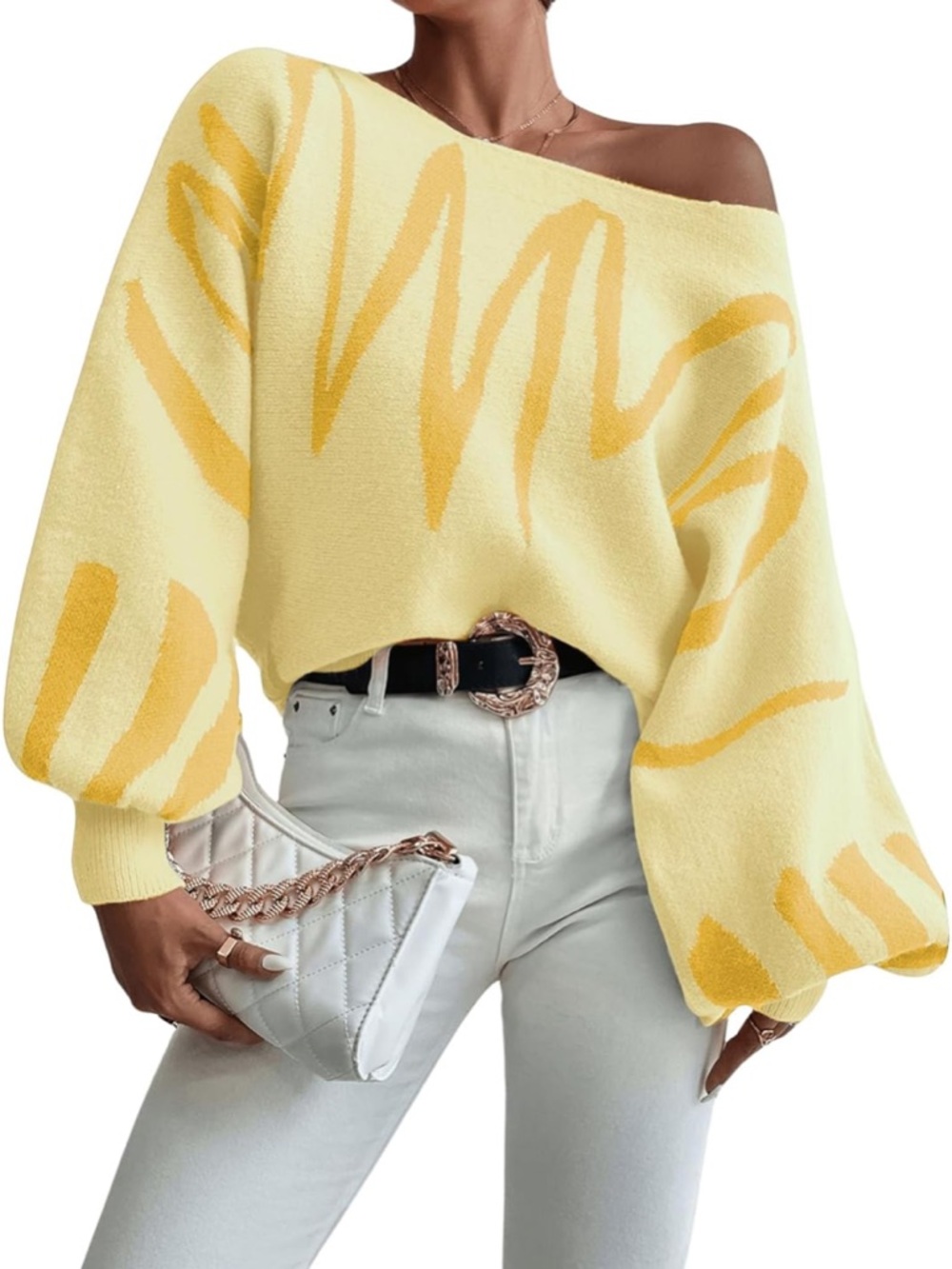 Yellow Off-Shoulder Balloon Sleeve Sweater